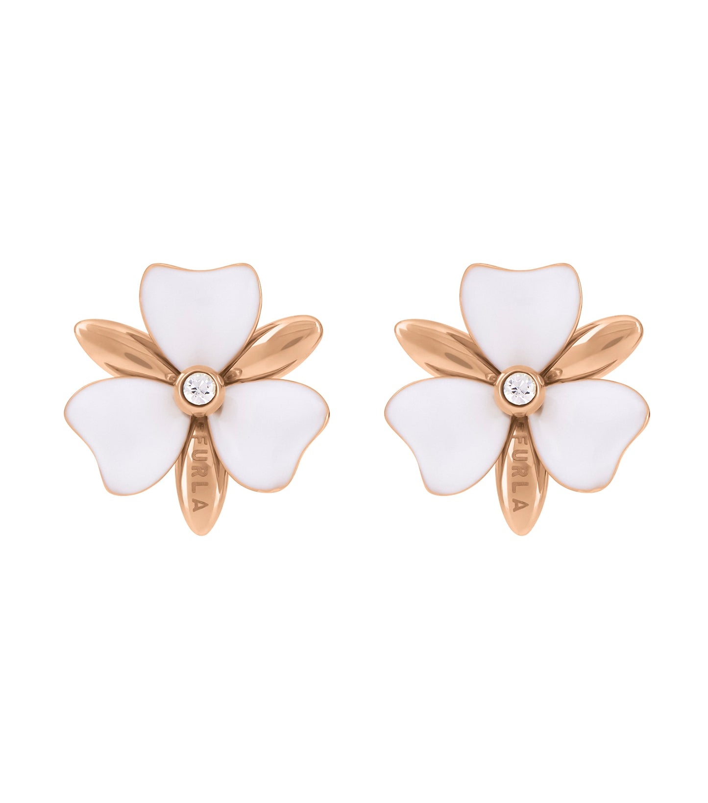 Furla rose gold earrings with intricate detailing; front angle view showcasing elegant design and luxury aesthetic.