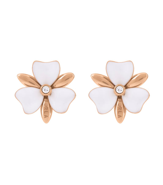 Furla rose gold earrings with intricate detailing; front angle view showcasing elegant design and luxury aesthetic.