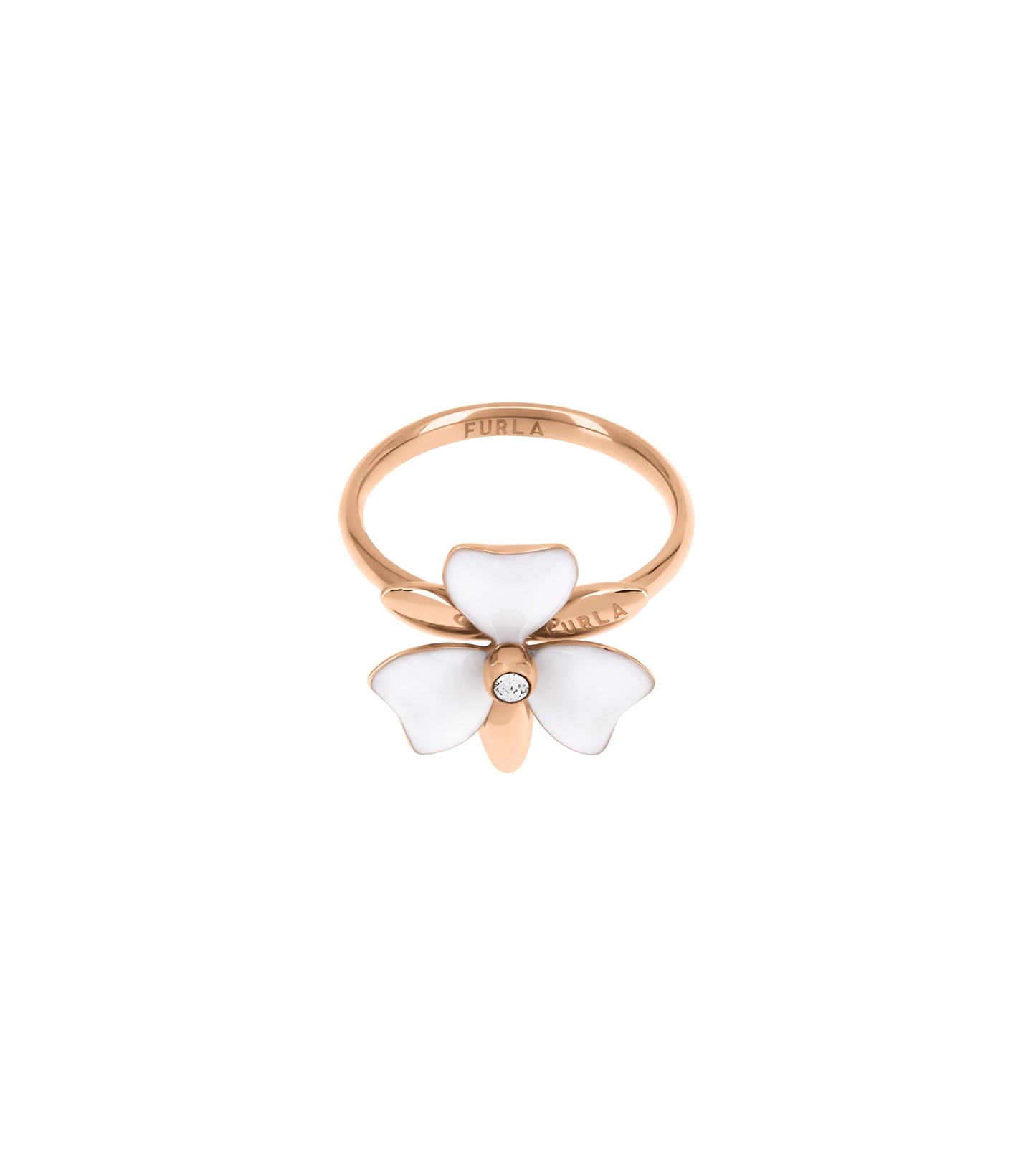 Rose gold Furla ring, clockwise angle, showcasing sleek modern band design with subtle glimmer, ideal for fashion enthusiasts.