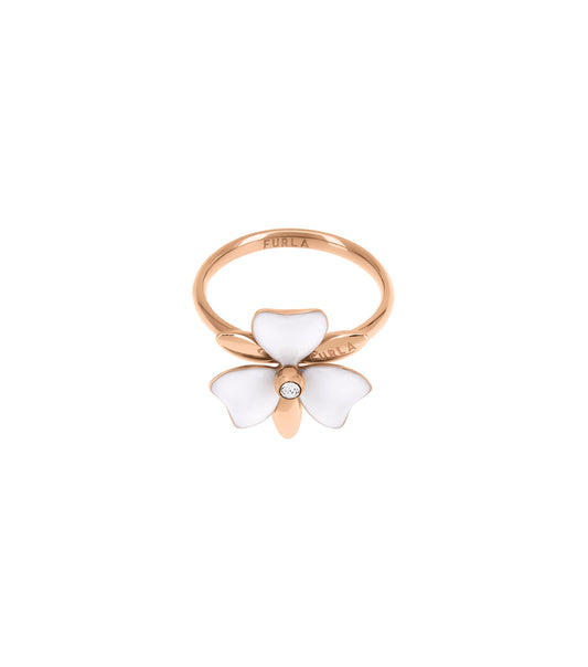Rose gold Furla ring, clockwise angle, showcasing sleek modern band design with subtle glimmer, ideal for fashion enthusiasts.