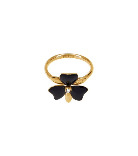 Furla gold ring, elegantly displayed at a slight angle, showcasing its sleek band and subtle branding—passion for exquisite accessories.