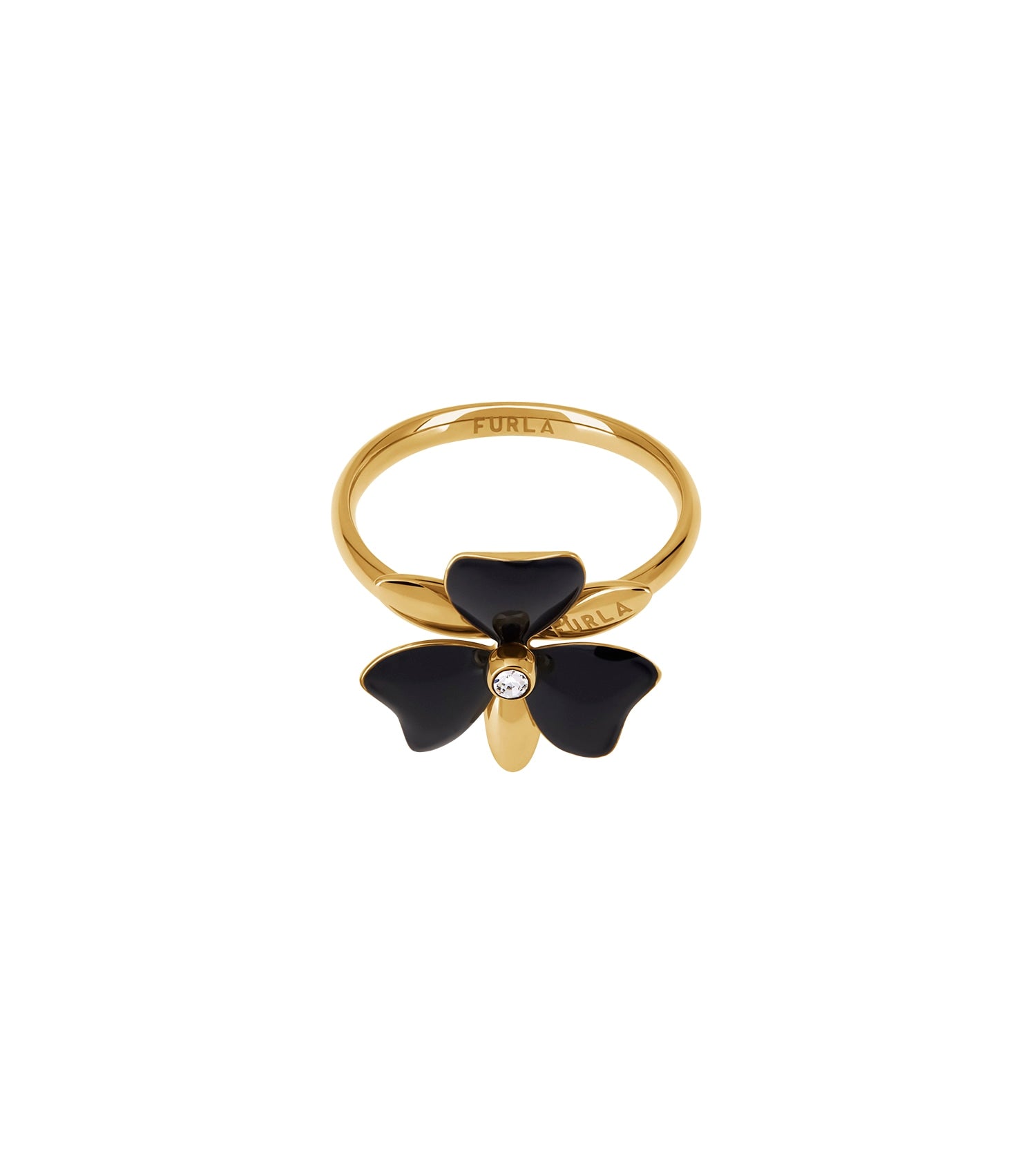 Furla gold ring, front angle view, showcasing a sleek and elegant design, perfect for fashion enthusiasts and jewelry lovers.