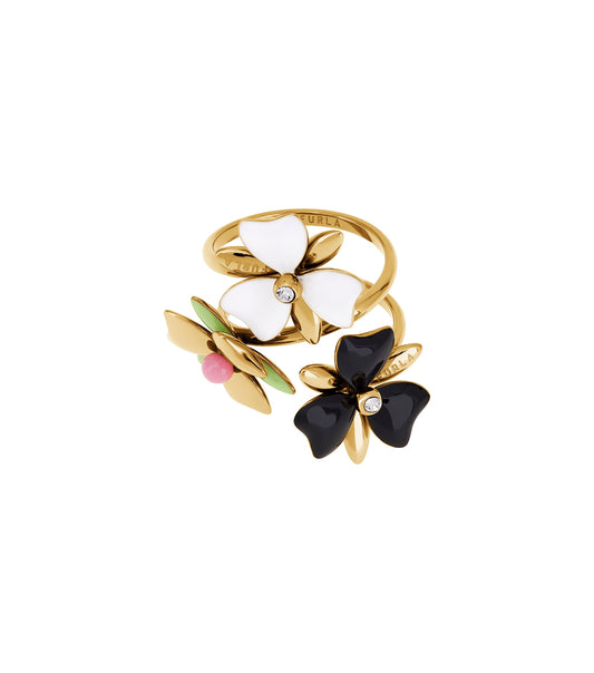 Furla gold ring with elegant design, showcased at an angle to highlight its craftsmanship and detailed band in close-up view.
