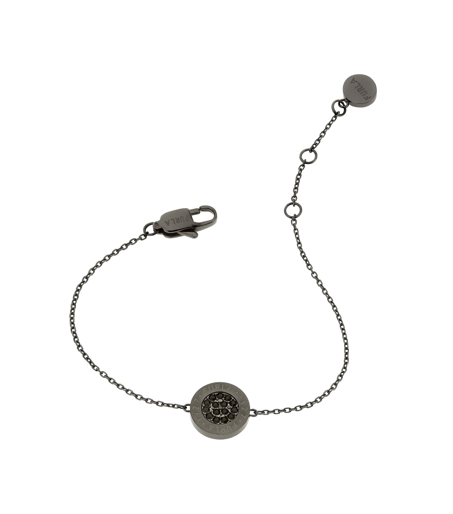 Silver Furla bracelet elegantly displayed against a white background, showcasing its sleek design and premium craftsmanship from a top-down angle.