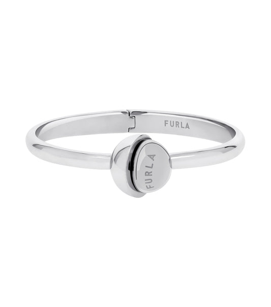 Furla silver bracelet with a sleek, modern design and subtle logo detail, angled for side view showcasing its glossy finish.