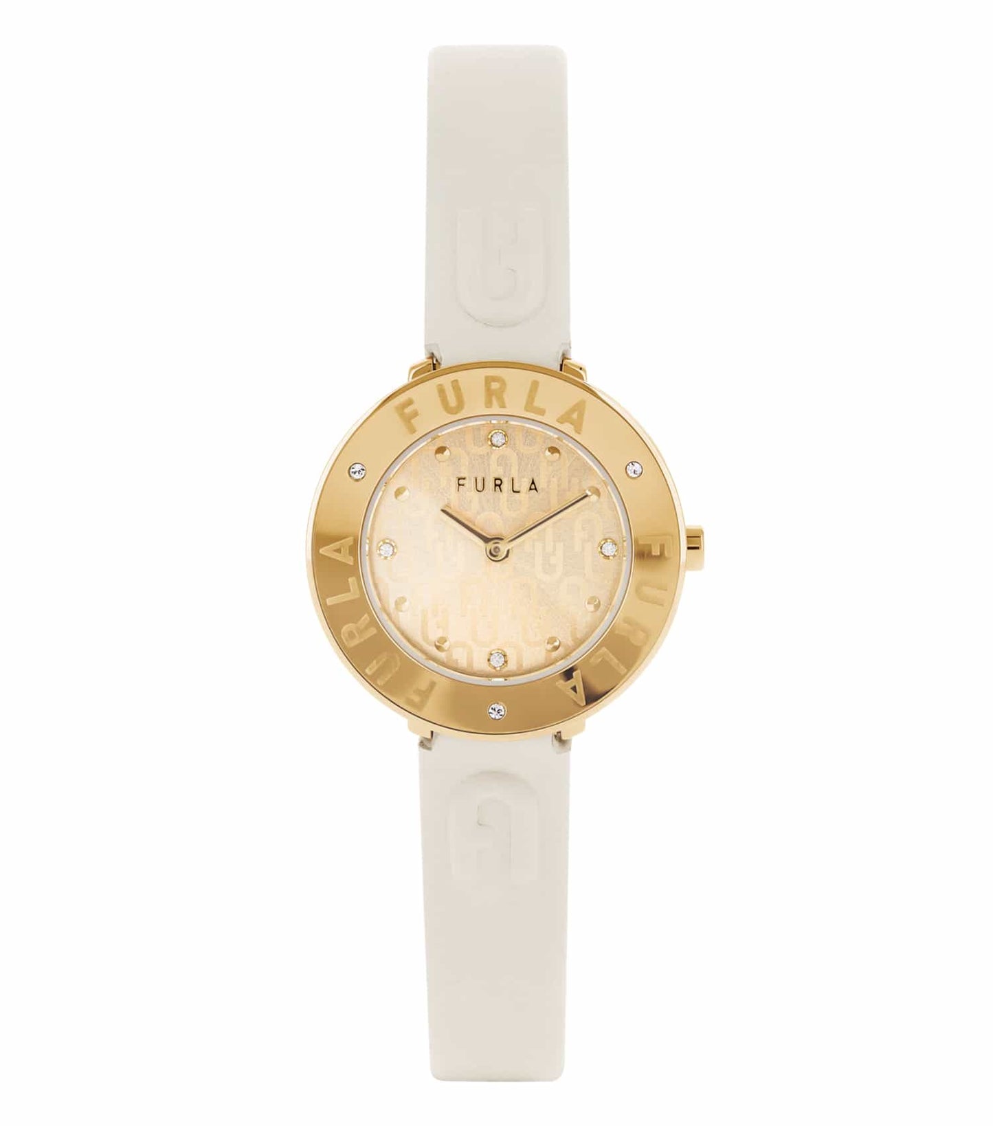 Elegant Furla watch with sleek black strap and polished gold case, shown at a front angle, capturing minimalist design.