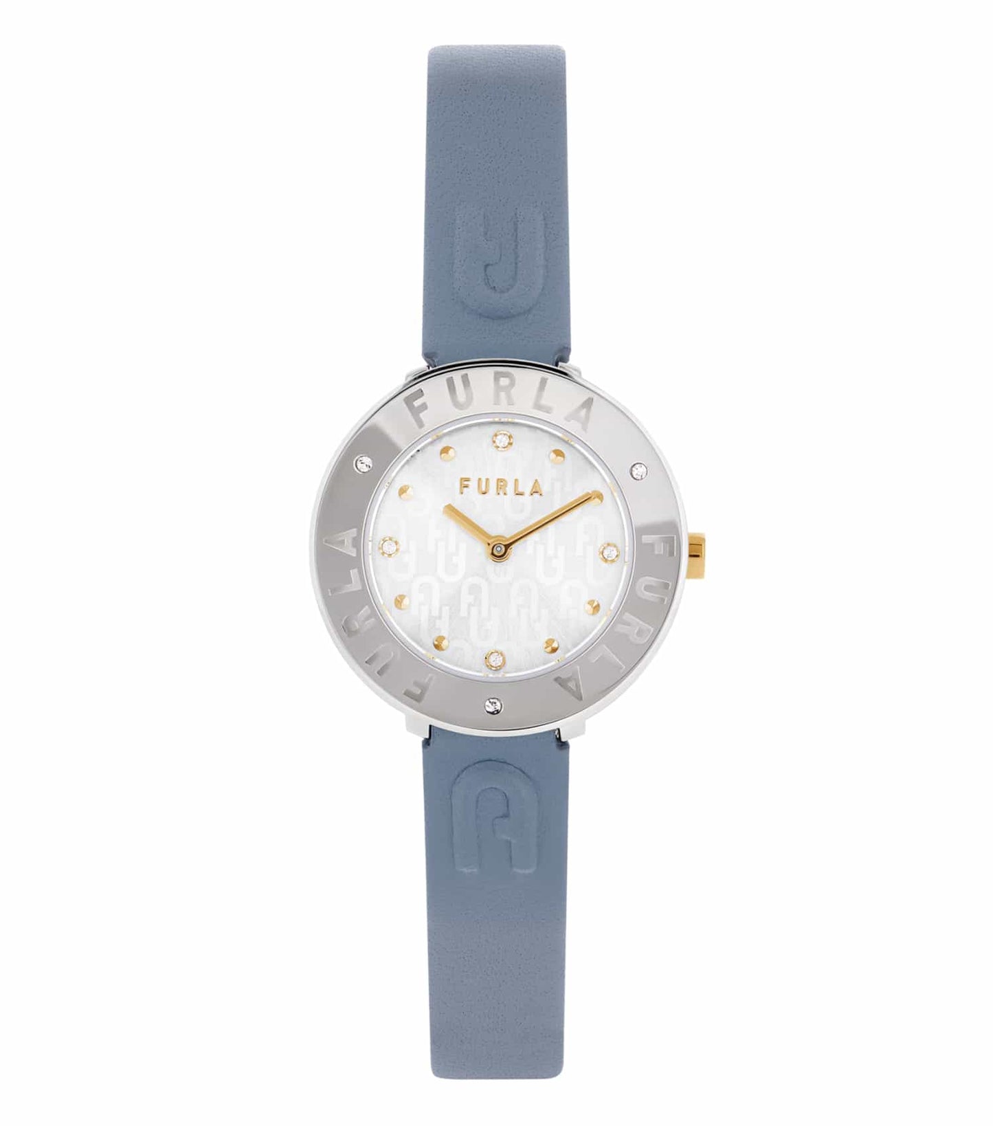 Furla elegant single-tone watch with a gold round case, viewed at an angle showcasing the minimalist essential style.