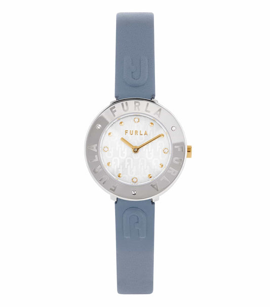 Furla elegant single-tone watch with a gold round case, viewed at an angle showcasing the minimalist essential style.