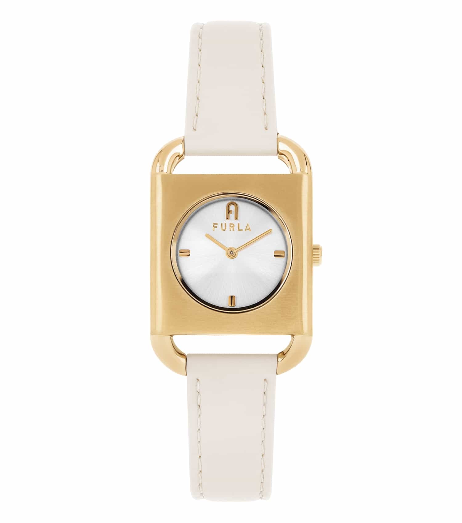 Furla Arco watch in soft beige with a sleek round dial, viewed from a 30-degree angle, showcasing elegance and style.