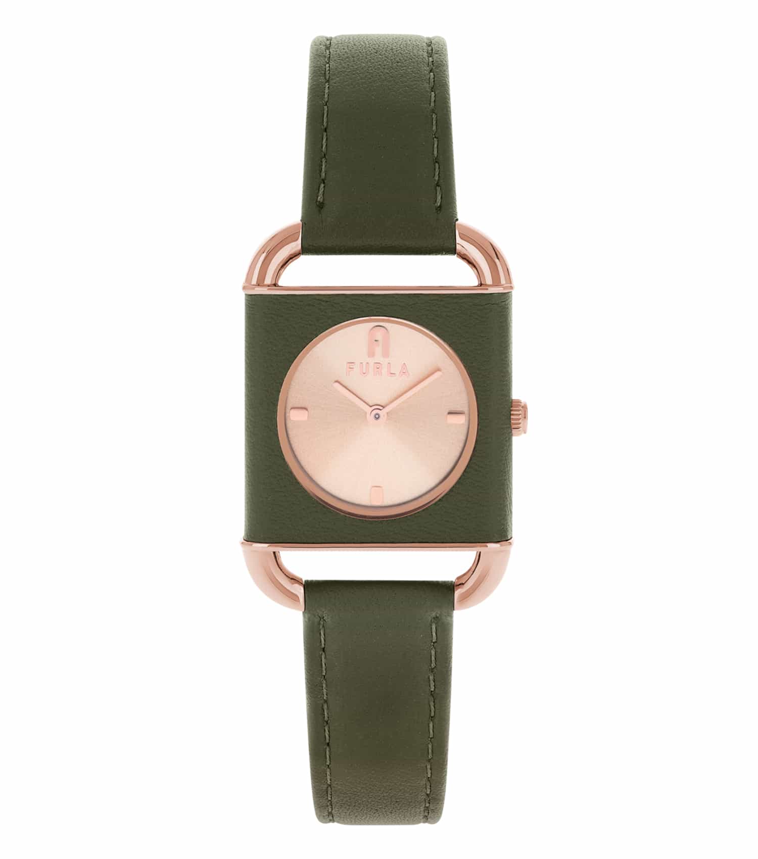 Furla watch in silver, luxurious and elegant with a minimalist face, viewed from the front angle, showcasing its chic design.