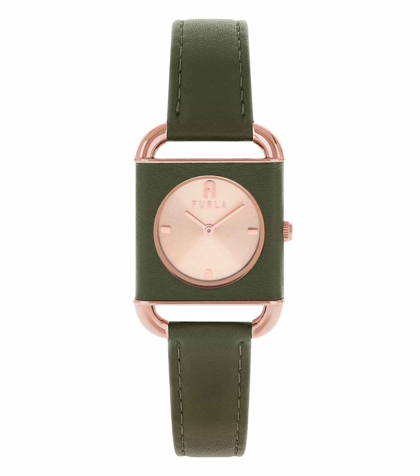 Furla watch in silver, luxurious and elegant with a minimalist face, viewed from the front angle, showcasing its chic design.