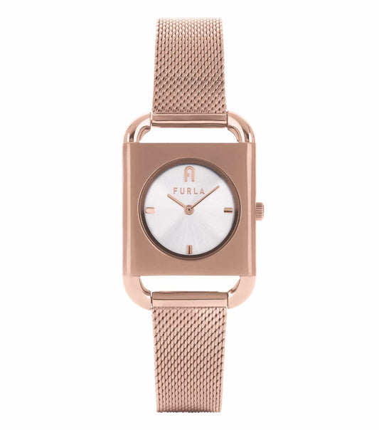 Stylish Furla watch with a square gold face and brown leather strap, captured in a diagonal angle against a white background