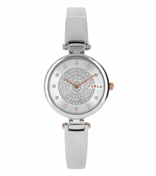 Elegant Furla watch with a gold-tone bezel and mesh band, showcasing a minimalist dial, front angled view.