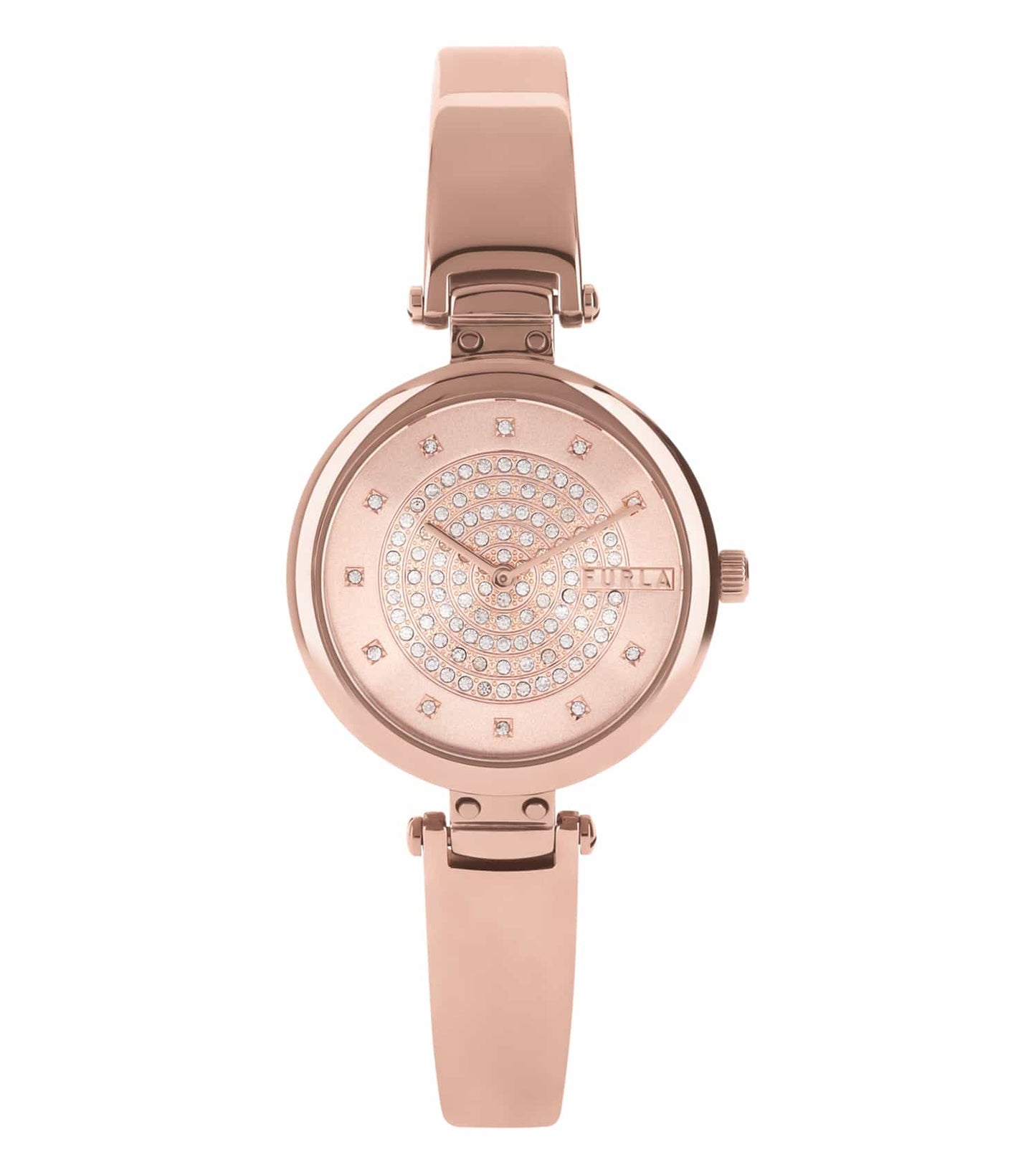 Furla watch with silver bezel and black leather strap viewed at a 3/4 angle, showcasing its minimalist dial and elegant design.