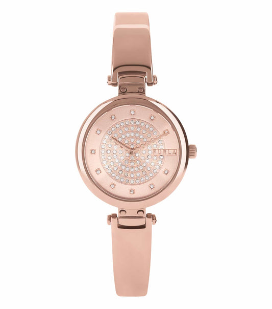 Furla watch with silver bezel and black leather strap viewed at a 3/4 angle, showcasing its minimalist dial and elegant design.
