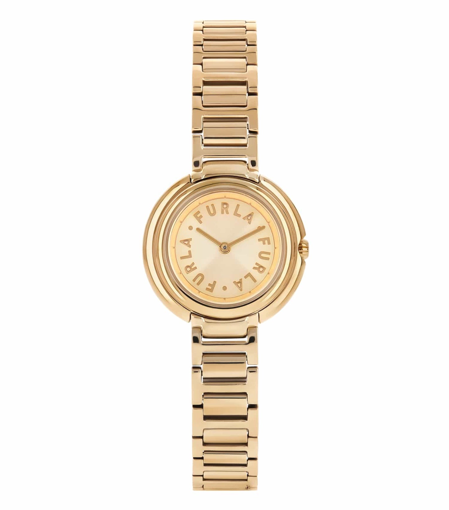 Furla round white watch with elegant gold accents, viewed at an angle highlighting its timeless charm against a dark background.