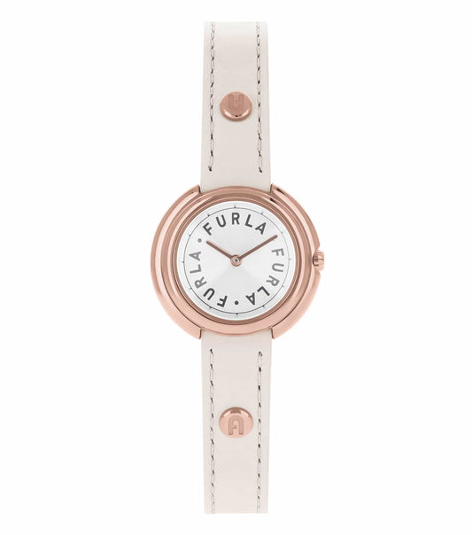 Furla golden watch with black strap, sleek design at a three-quarter angle, showcasing a chic, minimalist watch face.