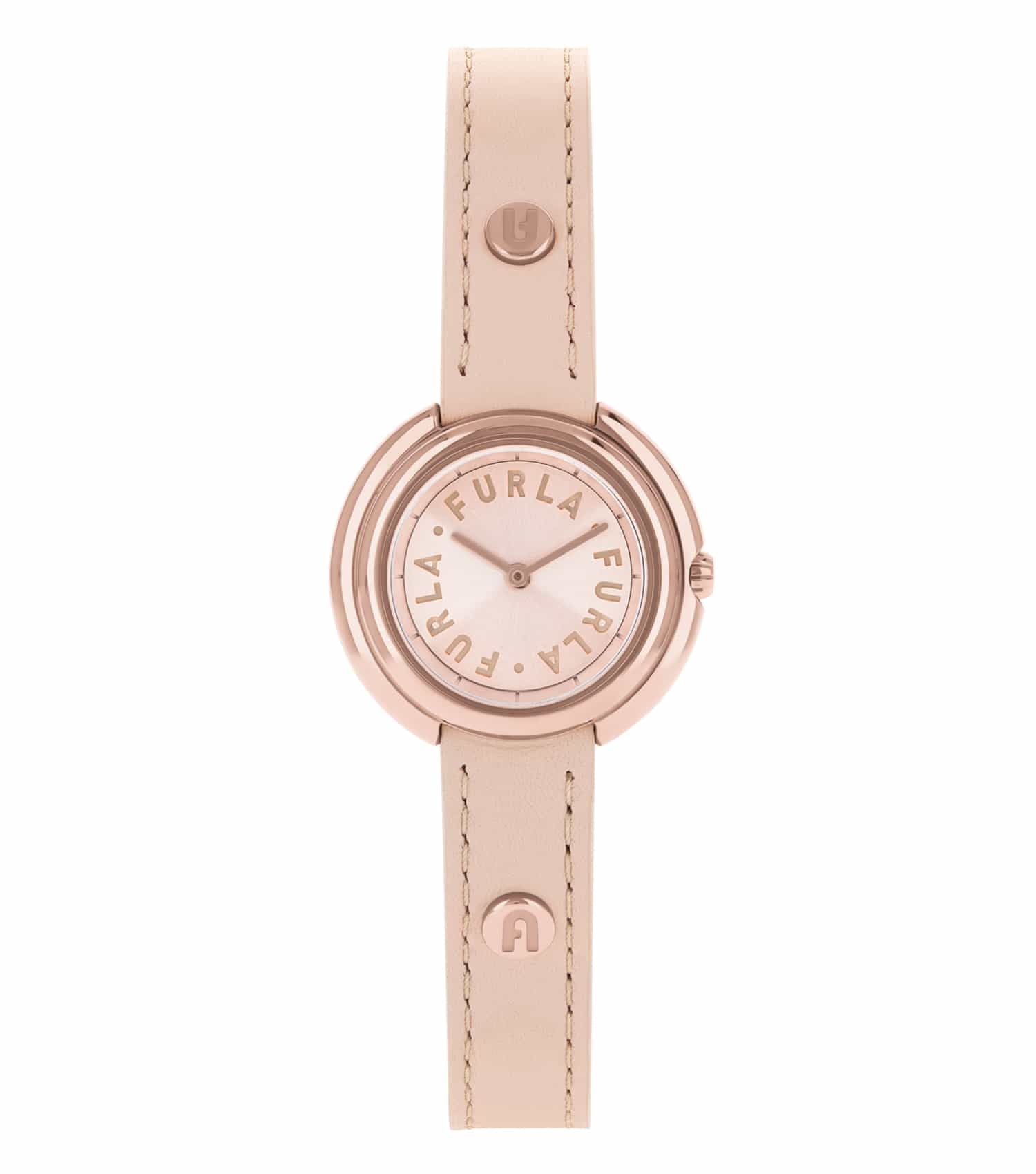 Furla single-colored watch with a silver-tone design and round face, presented at an angle showing the watch dial and band detail.