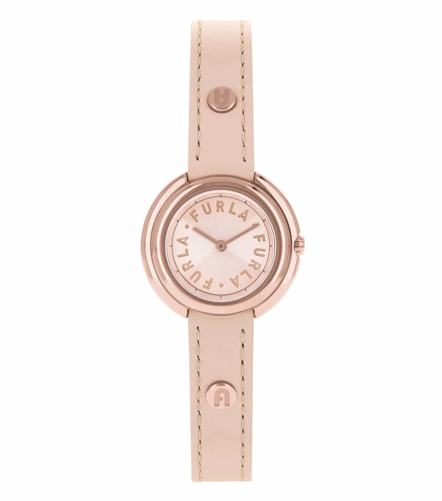 Furla single-colored watch with a silver-tone design and round face, presented at an angle showing the watch dial and band detail.