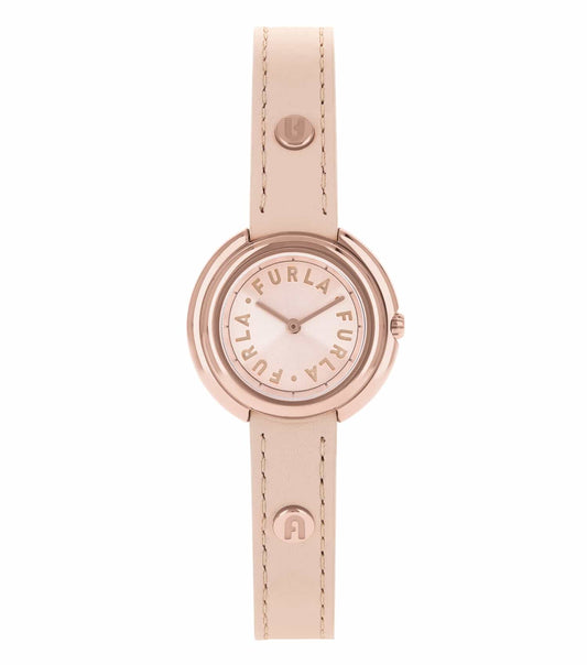 Furla single-colored watch with a silver-tone design and round face, presented at an angle showing the watch dial and band detail.