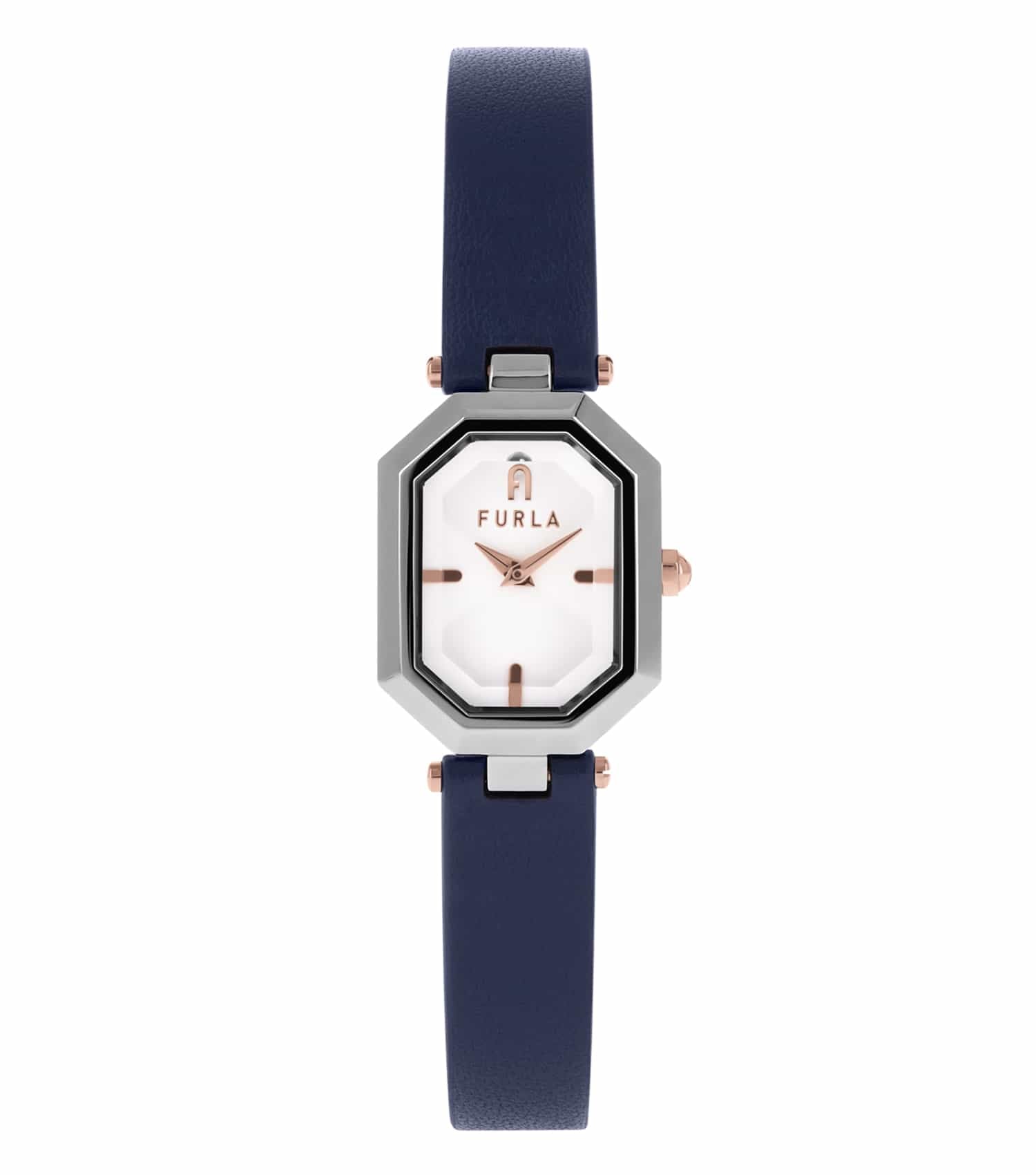 Furla watch in pastel pink, featuring elegant minimalist design, front angle showcasing sleek strap and gold-tone detailing.