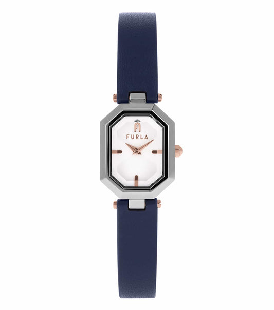 Furla watch in pastel pink, featuring elegant minimalist design, front angle showcasing sleek strap and gold-tone detailing.