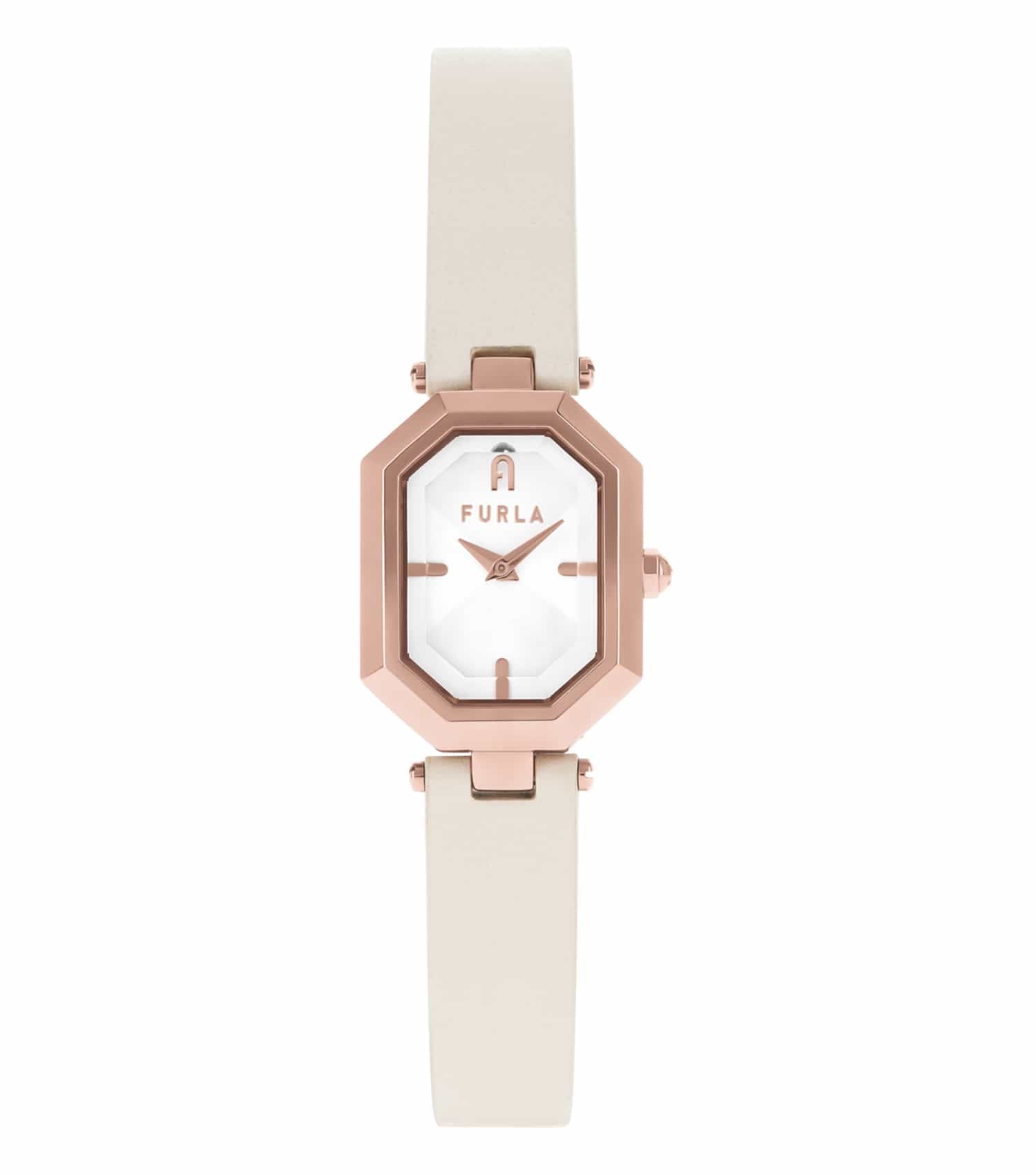 Furla watch in elegant silver with a minimalist white dial, showcased at a slight angle, featuring a classic link bracelet.