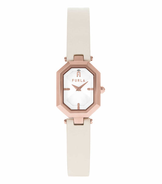 Furla watch in elegant silver with a minimalist white dial, showcased at a slight angle, featuring a classic link bracelet.