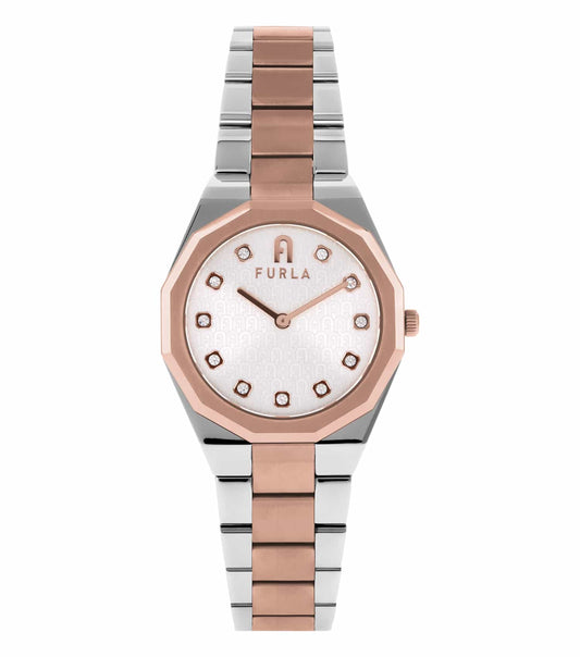 Furla watch in a rich navy blue, showcasing a round dial and metallic accents; angled at 35 degrees for a sleek view.