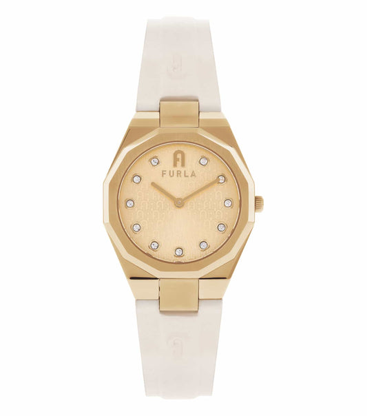 Furla quartz watch with elegant, light-colored strap, sleek metallic rim, and round face viewed from top angle.