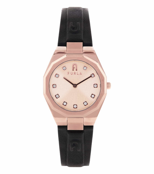Furla watch in silvery tone displayed at a three-quarter angle, showcasing sleek design and elegant detailing against a neutral backdrop.