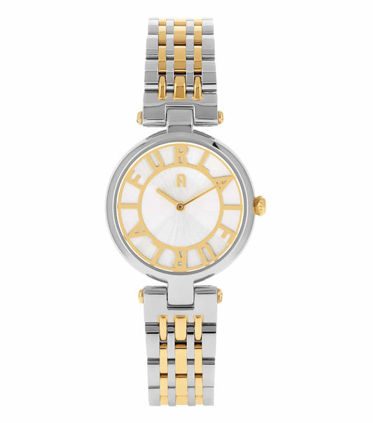 Furla watch in a neutral tone, showcasing its minimalist design, photographed at a 45-degree angle to highlight the round dial and sleek strap.