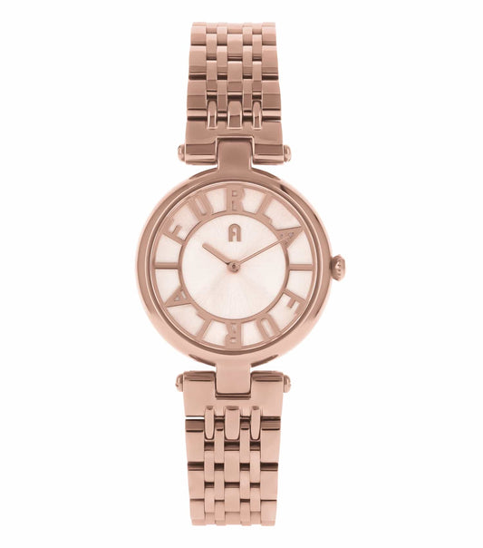 Elegant Furla watch in a monochrome hue, showcasing a sleek round face at a dynamic angle, emphasizing modern design.