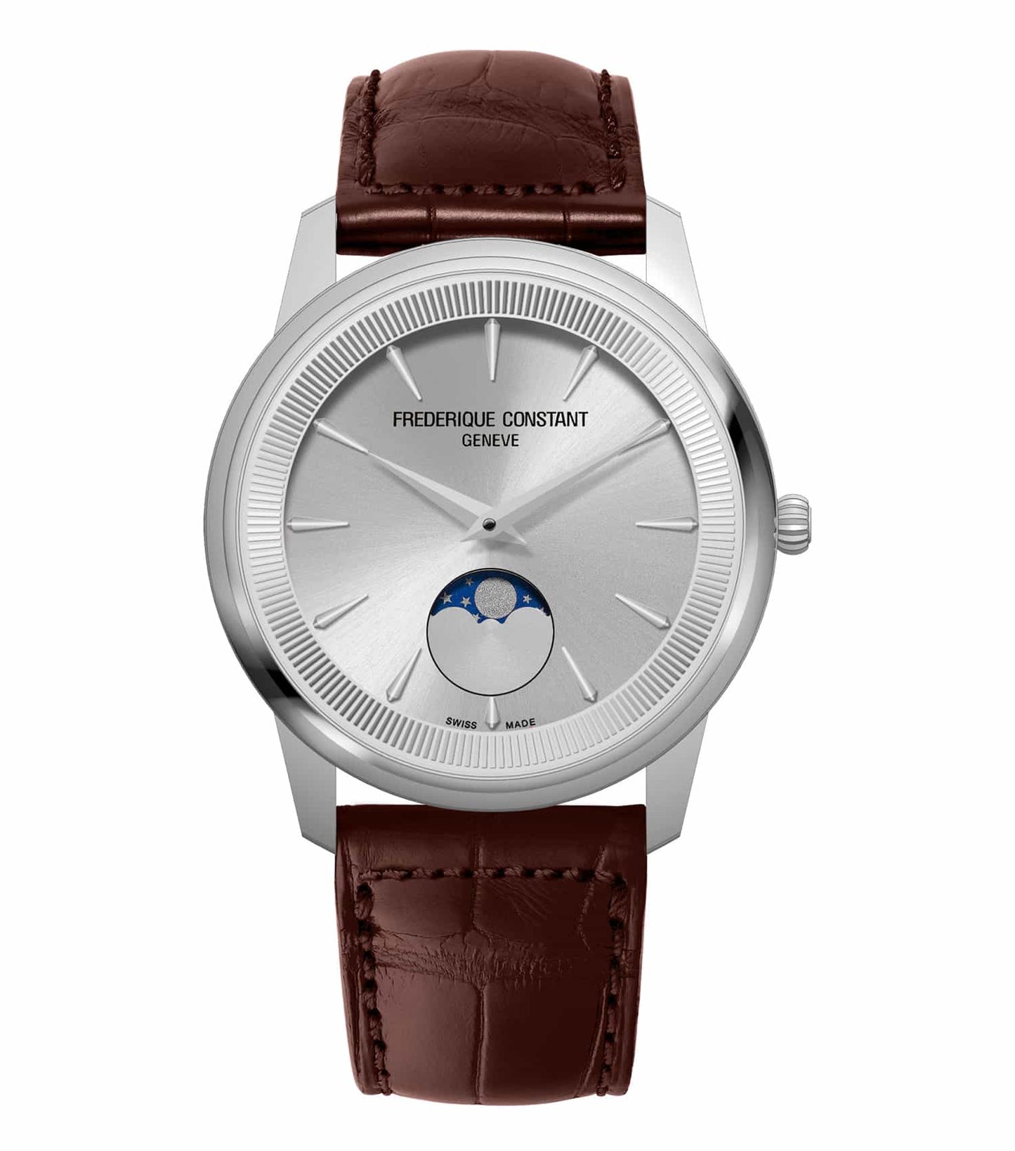 Frederique Constant silver watch with a classic round face and black leather strap, angled view showcasing elegance and precision.