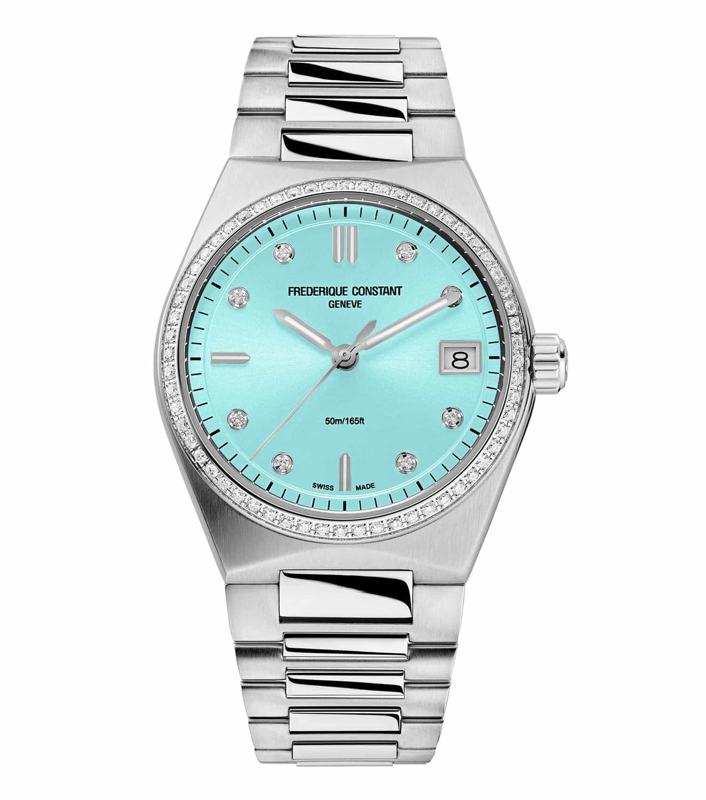 Turquoise Frederique Constant watch, elegant design with a 45-degree angle, showcasing the stylish face and exquisite band.