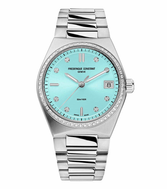 Turquoise Frederique Constant watch, elegant design with a 45-degree angle, showcasing the stylish face and exquisite band.