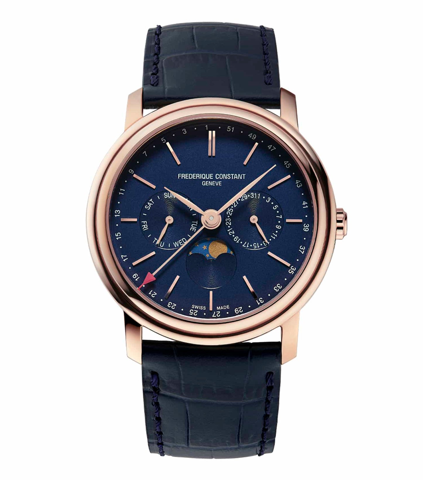 Elegant Frederique Constant blue watch with a classic round face, angled view showcasing intricate detailing and leather strap.