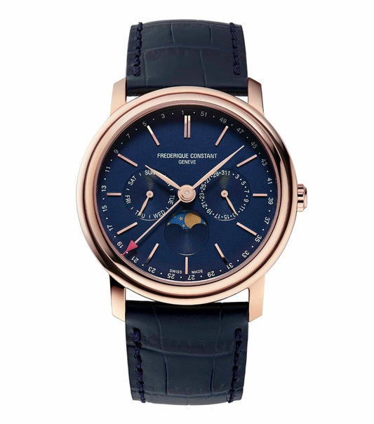 Elegant Frederique Constant blue watch with a classic round face, angled view showcasing intricate detailing and leather strap.