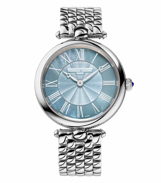 Elegant Frederique Constant blue watch displayed at a tilted angle, showcasing a silver 30mm case with precise detailing.