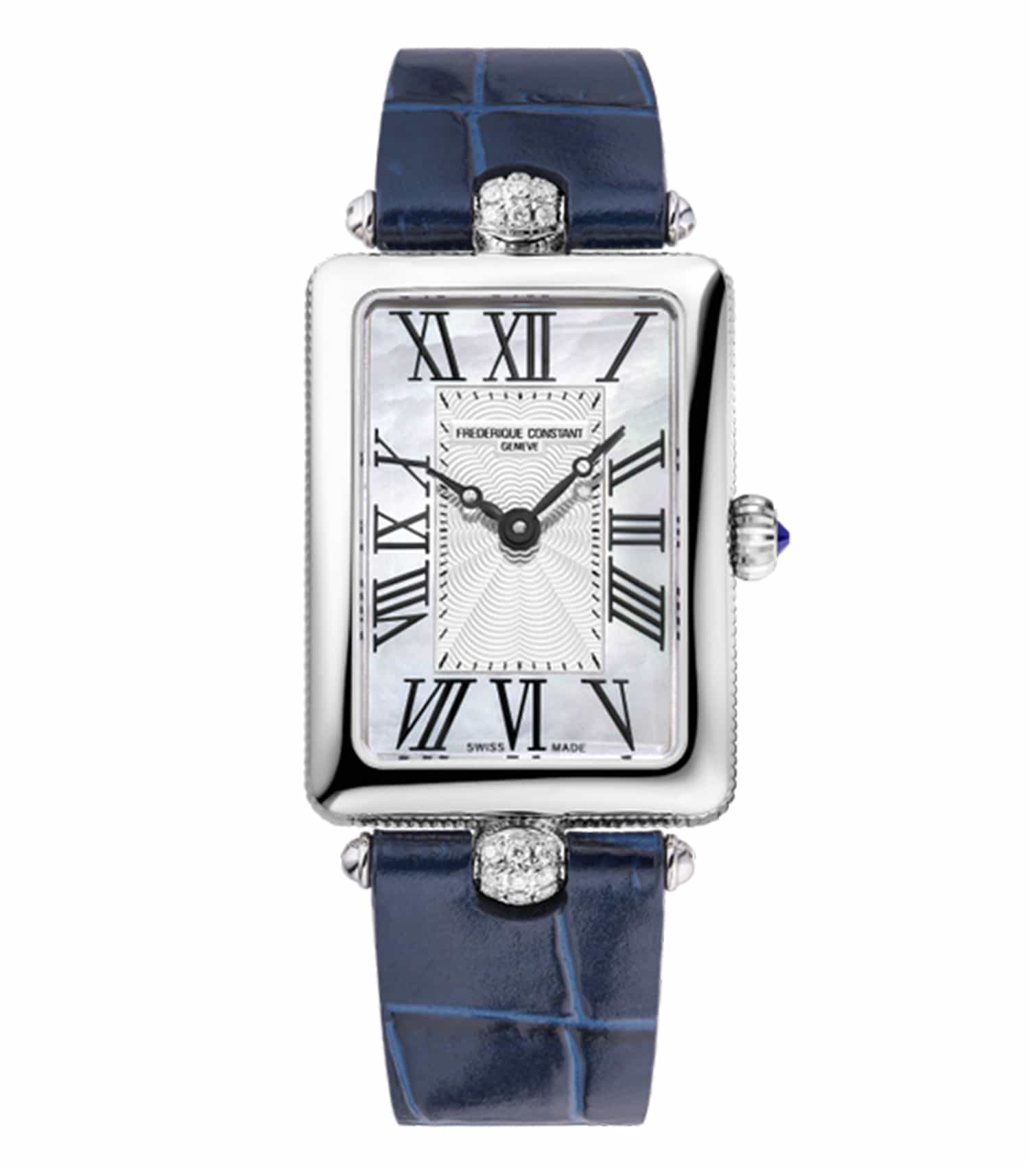 Frederique Constant rectangular watch, blue dial and strap, angled view; elegant women's accessory, classic design.