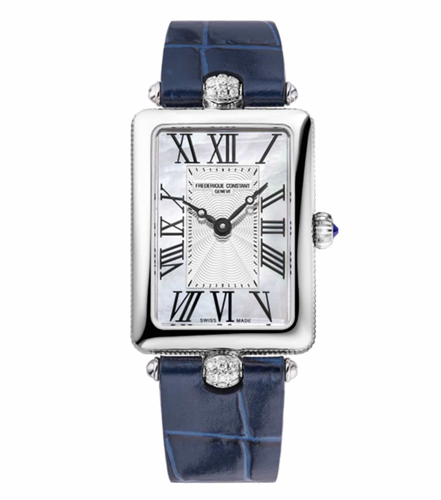 Frederique Constant rectangular watch, blue dial and strap, angled view; elegant women's accessory, classic design.