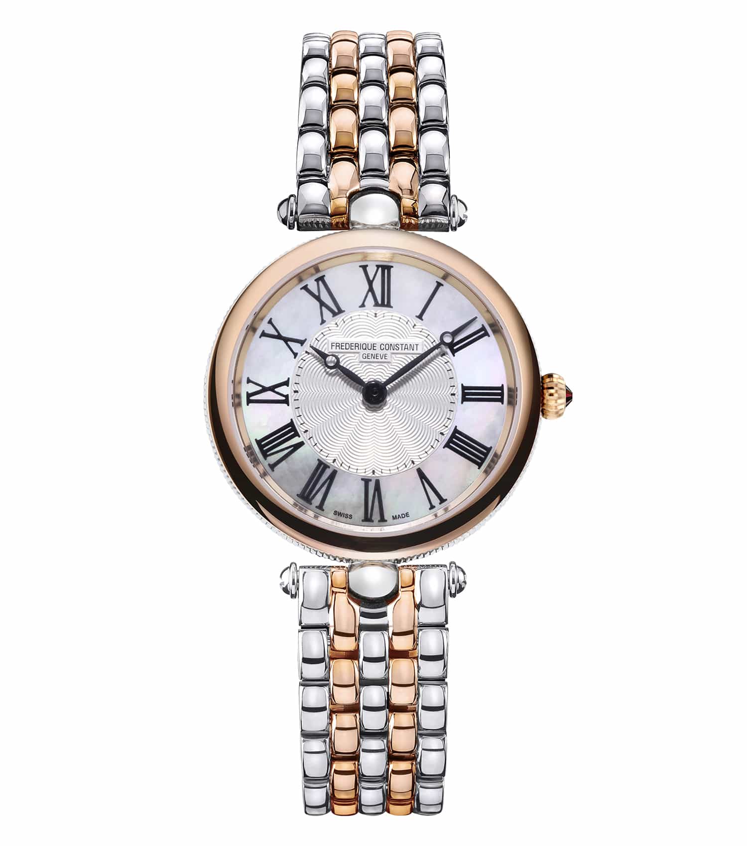 Silver Frederique Constant watch with elegant two-tone bracelet, classic round dial, 30mm case; angled top view highlighting design.