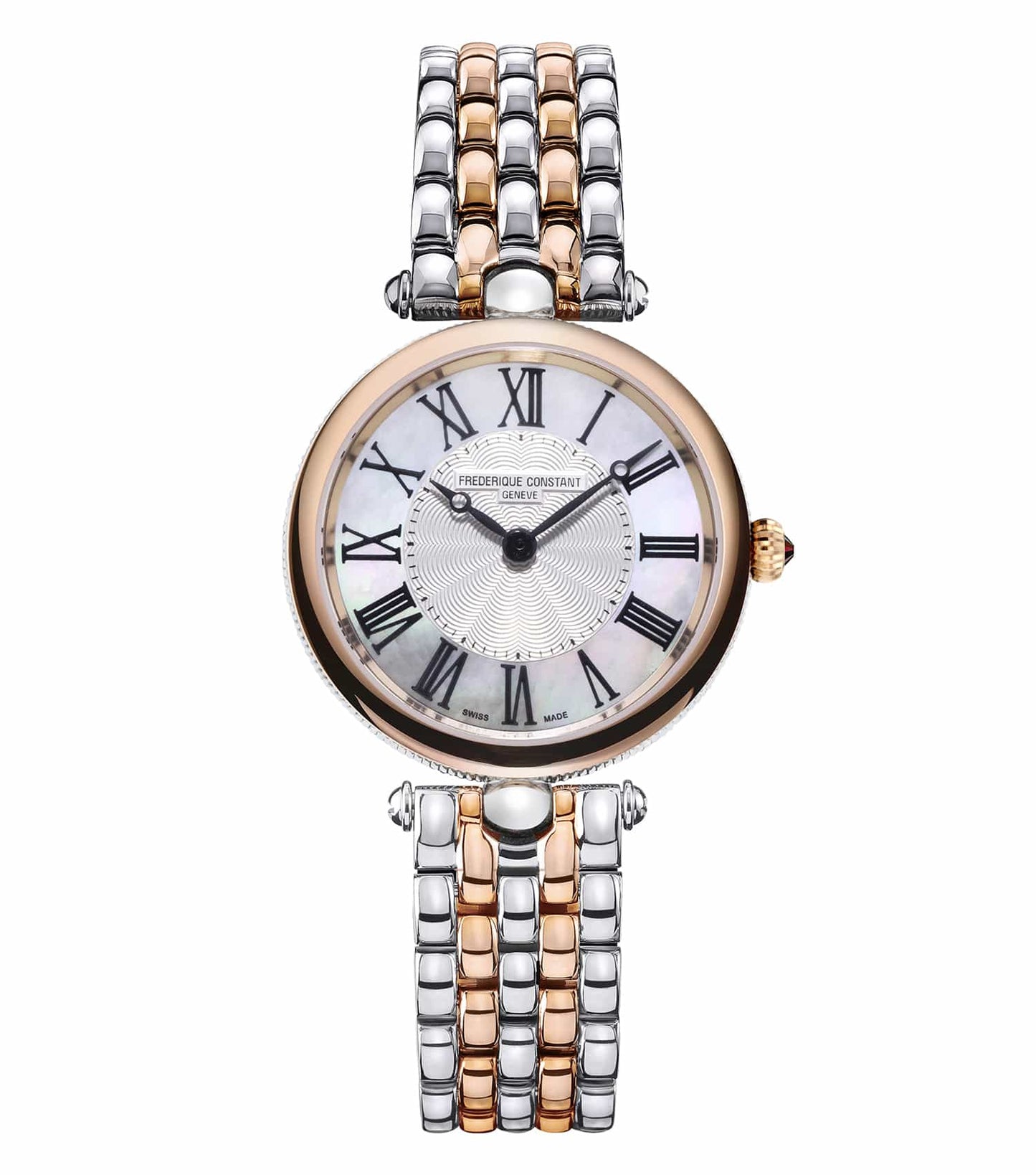 Silver Frederique Constant watch with elegant two-tone bracelet, classic round dial, 30mm case; angled top view highlighting design.