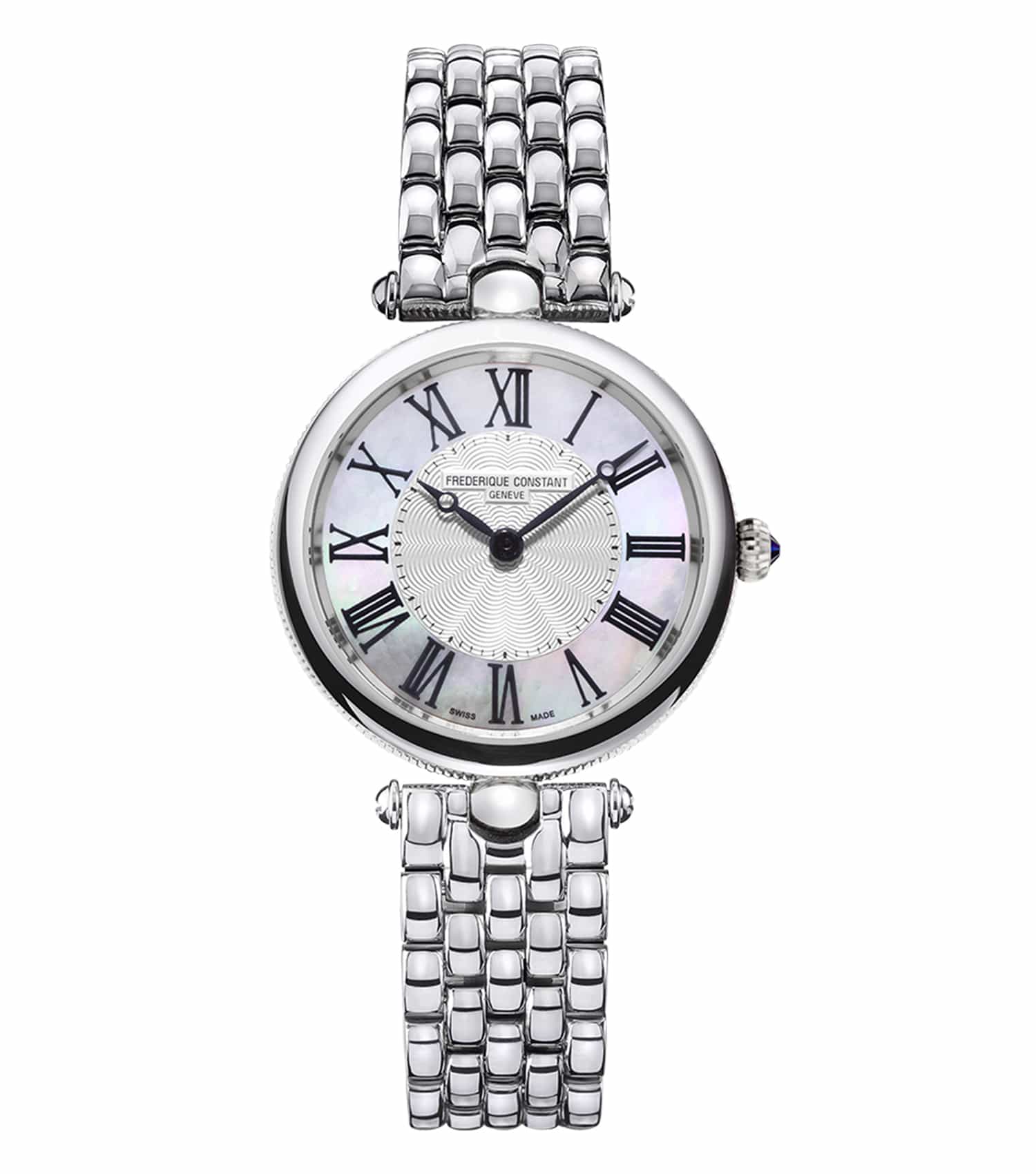 Frederique Constant silver watch, 30MM, with elegant round dial, side angle showcasing sleek metal bracelet design.