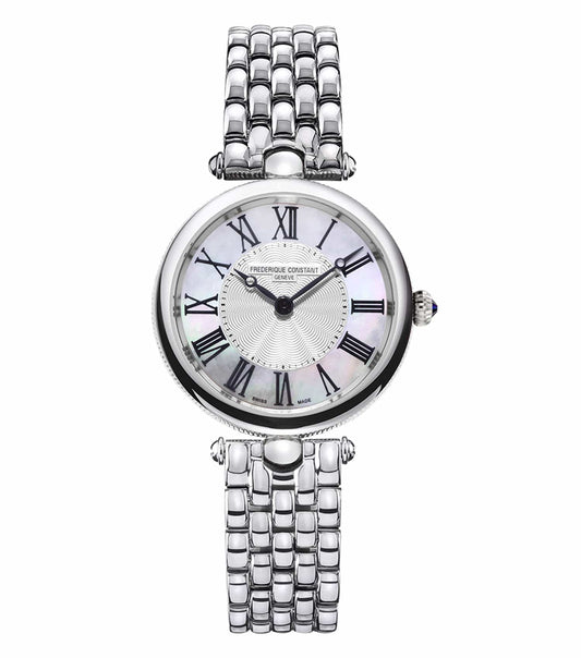 Frederique Constant silver watch, 30MM, with elegant round dial, side angle showcasing sleek metal bracelet design.