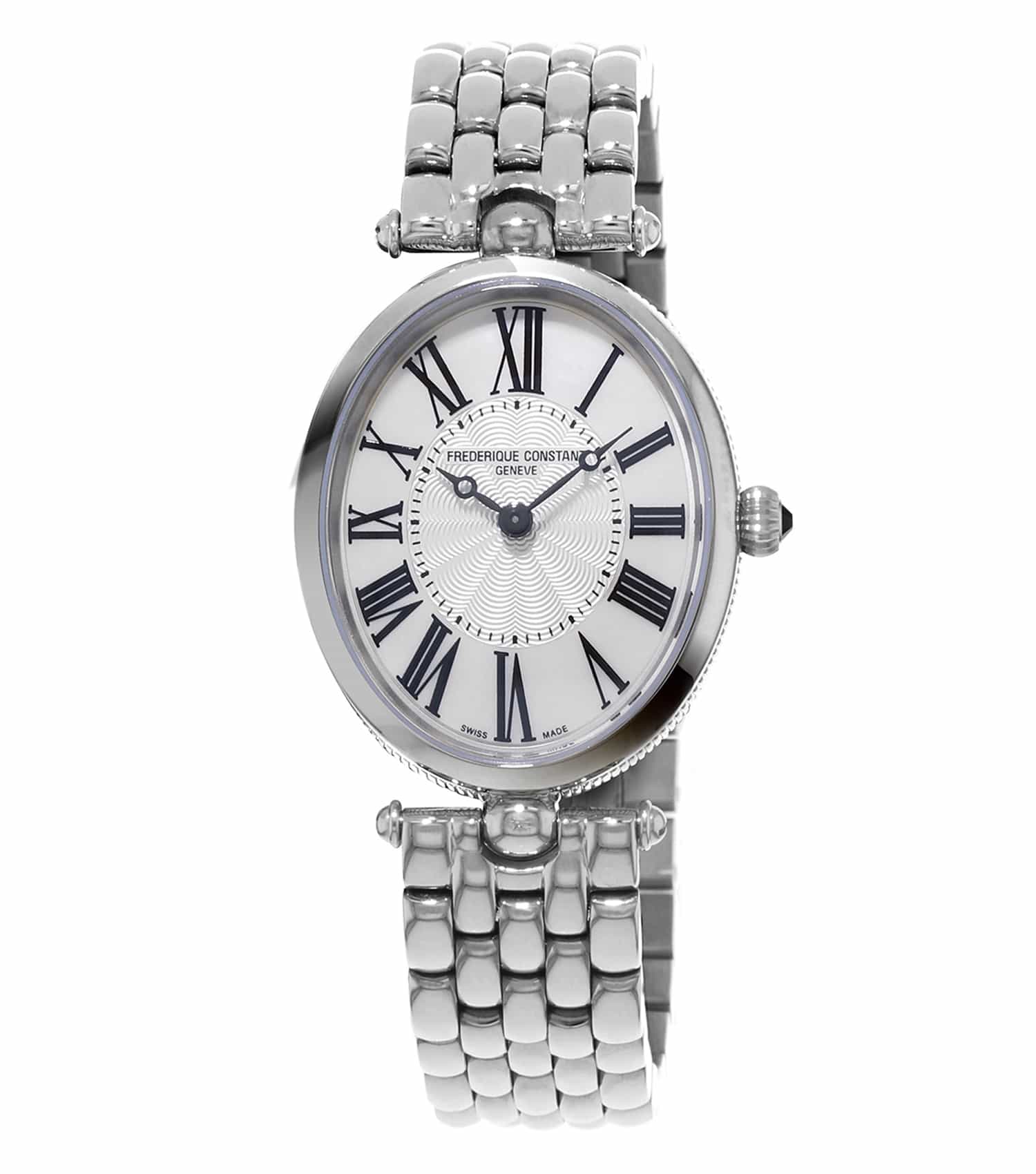 Frederique Constant silver watch with a rectangle dial, front-angle view showcasing its elegant design, luxury timepiece.