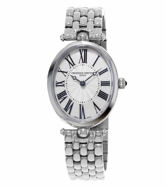 Frederique Constant silver watch with a rectangle dial, front-angle view showcasing its elegant design, luxury timepiece.