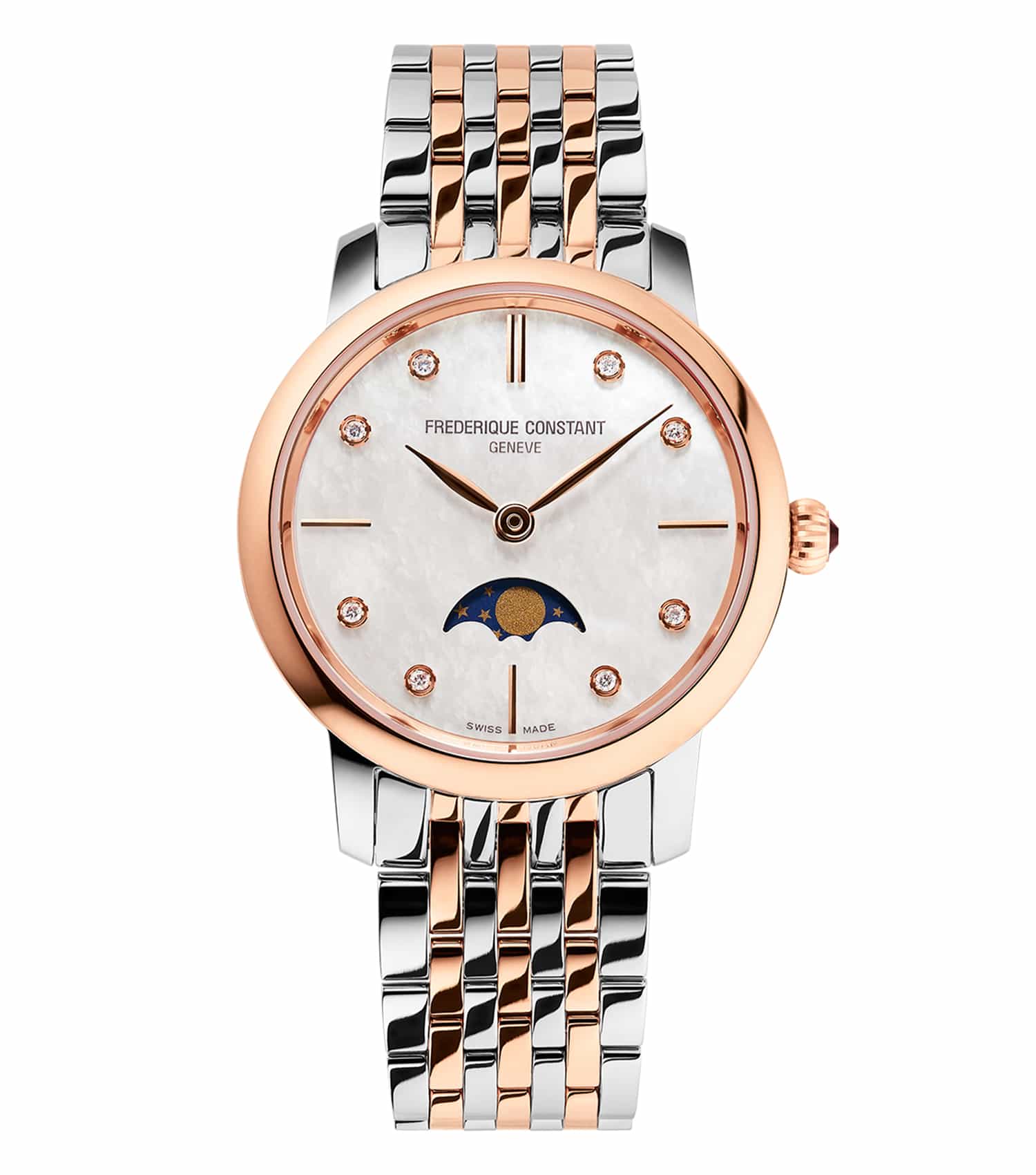 Frederique Constant elegant white watch angled to showcase its luxurious face and sleek two-tone strap, ideal for style enthusiasts.