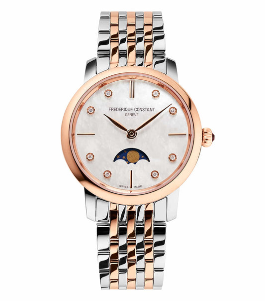 Frederique Constant elegant white watch angled to showcase its luxurious face and sleek two-tone strap, ideal for style enthusiasts.
