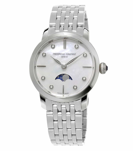 Frederique Constant white watch with silver strap, angled top-down, showcasing elegant design and shimmering silver dial.